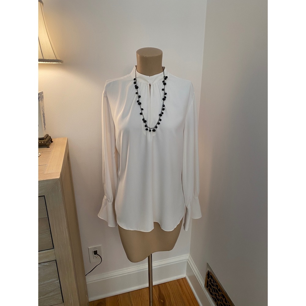 Ann Taylor Ivory White High Neck Blouse Long Bell Sleeve Blouse